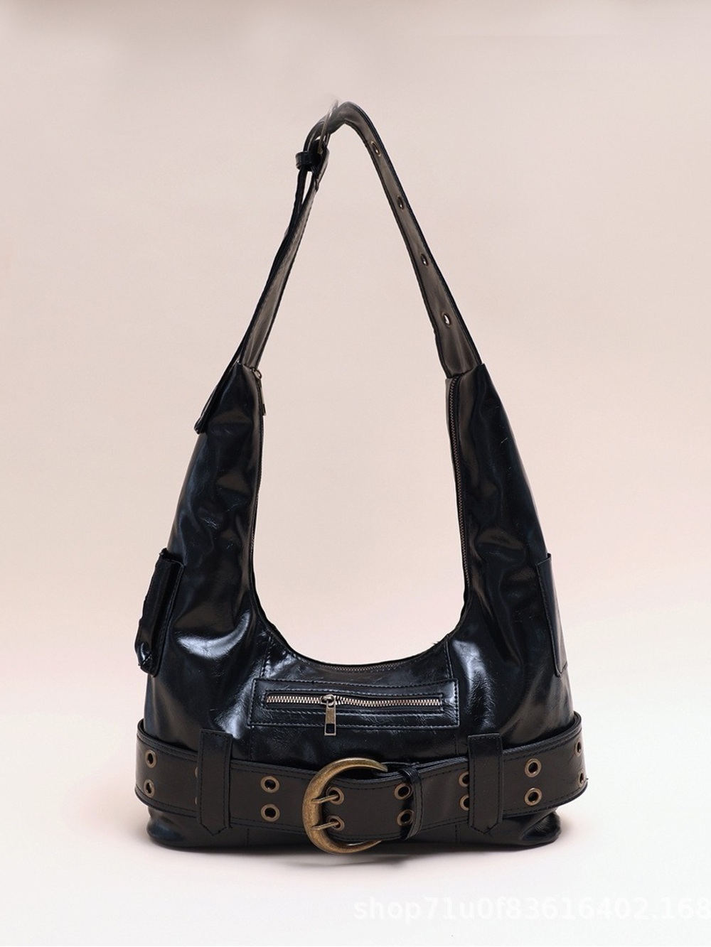 Black Leather Hobo Bag with Belt Accent